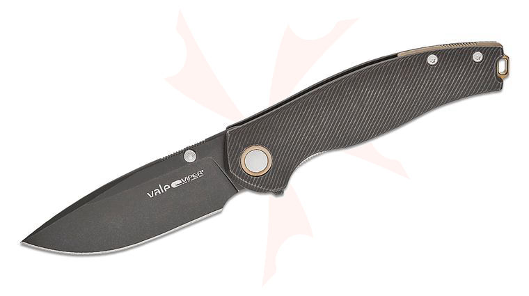 Viper Knives Jesper Voxnaes Vale Liner Lock Flipper Knife 3 inch CPM-MagnaCut Black Stonewashed Drop Point Blade, Black Milled Titanium Handles, Bronze Accents