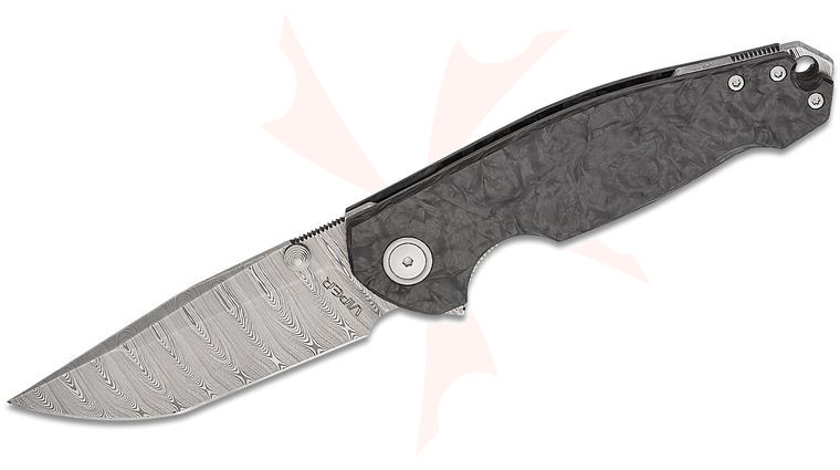 Viper Knives Vox Katla Limited Edition Flipper Knife 3.25 inch  inchSuper Dense Twist inch Damascus Tanto Blade, Dark Matter Black FatCarbon Handles