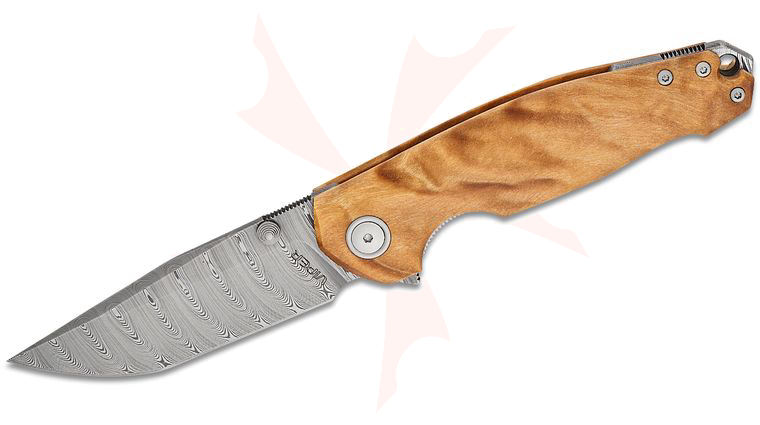 Viper Knives Vox Katla Flipper Knife 3.25 inch  inchSuper Dense Twist inch Damascus Tanto Blade, Flammed Poplar Wood Handles with Damascus Backspacer