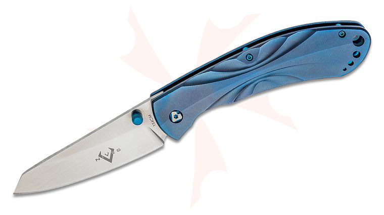 V Nives Poseidon Folding Knife 3.5 inch 154CM Satin Sheepsfoot Blade, Blue Milled Titanium Handles