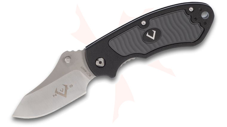 V Nives Stout Folding Knife 2.5 inch Satin Drop Point Blade, Black Aluminum Handles with Rubber Inlays