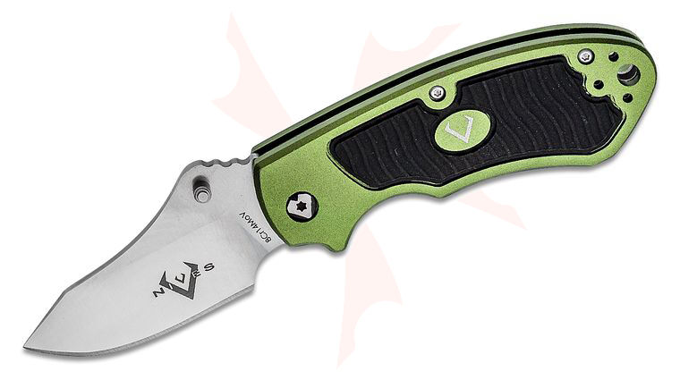 V Nives Stout Folding Knife 2.5 inch Satin Drop Point Blade, Green Aluminum Handles with Rubber Inlays
