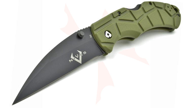 V Nives Rocky Folding Knife 3.25 inch D2 Black Wharncliffe Blade, Green FRN Handles