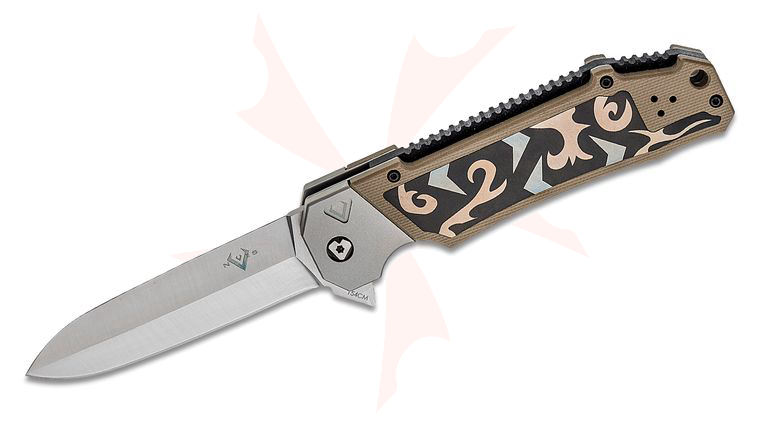 V Nives Wally Hayes Vamp Flipper Knife 3.5 inch 154CM Satin Dagger Blade, Tan G10 Handles with Stainless Steel Inlays