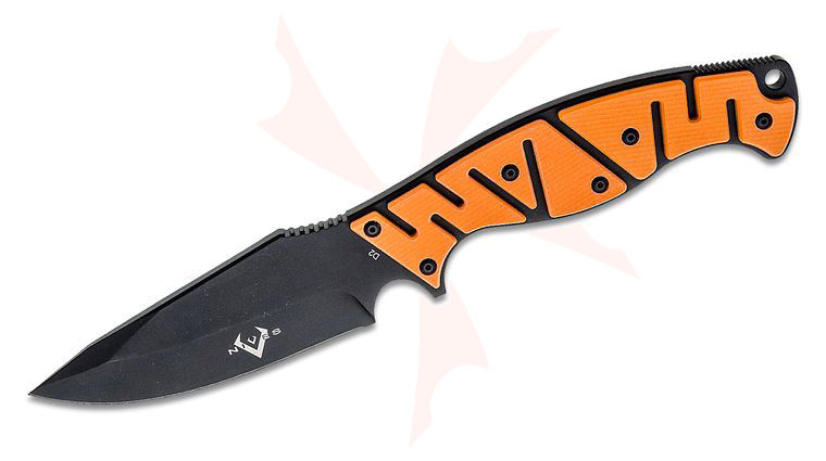 V Nives Altered Beast Fixed Blade Knife 4.25 inch D2 Black PVD Clip Point, Orange G10 Handles, Plastic Sheath with Carbide Sharpener