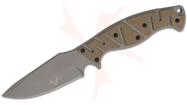 V Nives Altered Beast Fixed Blade Knife 4.25 inch D2 Bead Blasted Clip Point, Coyote Snow G10 Handles, Plastic Sheath with Carbide Sharpener