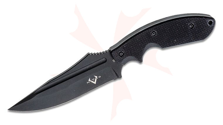 V Nives Frontier Survivor Fixed Blade Knife 5.125 inch D2 Black PVD Drop Point, Black G10 Handles, Plastic Sheath with Carbide Sharpener