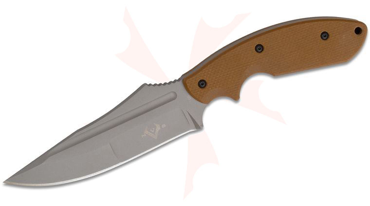 V Nives Frontier Survivor Fixed Blade Knife 5.125 inch D2 Bead Blasted Drop Point, Coyote Snow G10 Handles, Plastic Sheath with Carbide Sharpener