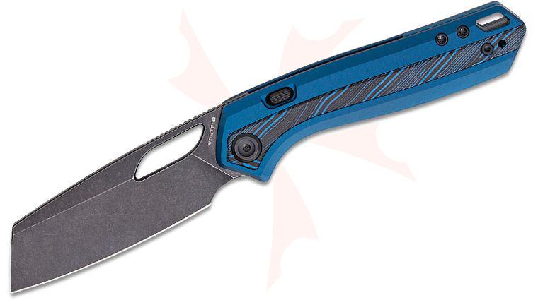 Vosteed Knives Kroc 329 Top Liner Lock Folding Knife 3.29 inch S35VN Black Stonewashed Reverse Tanto Blade, Blue Aluminum Handles with Topographic G10 Inlays