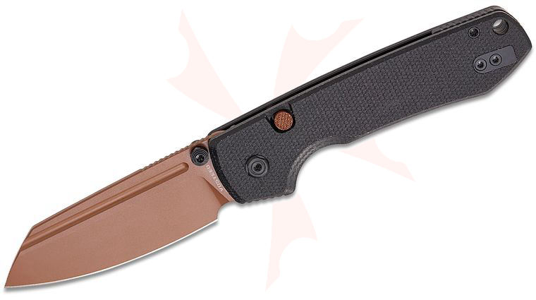 Vosteed Knives Raccoon Button Lock Folding Knife 3.25 inch Sandvik 14C28N Copper Dune Modified Sheepsfoot Blade, Black Micarta Handles