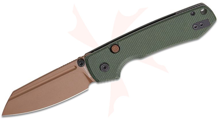 Vosteed Knives Raccoon Button Lock Folding Knife 3.25 inch Sandvik 14C28N Copper Dune Modified Sheepsfoot Blade, Green Micarta Handles