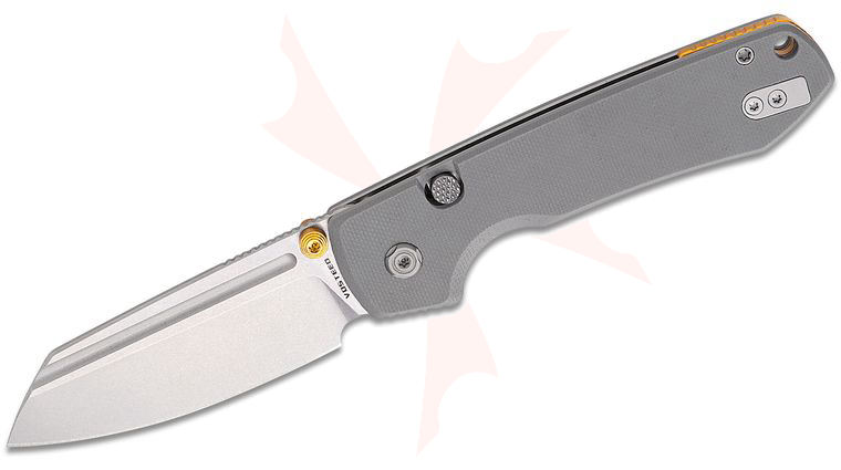 Vosteed Knives Raccoon Button Lock Folding Knife 3.25 inch Sandvik 14C28N Stonewashed Modified Sheepsfoot Blade, Gray G10 Handles