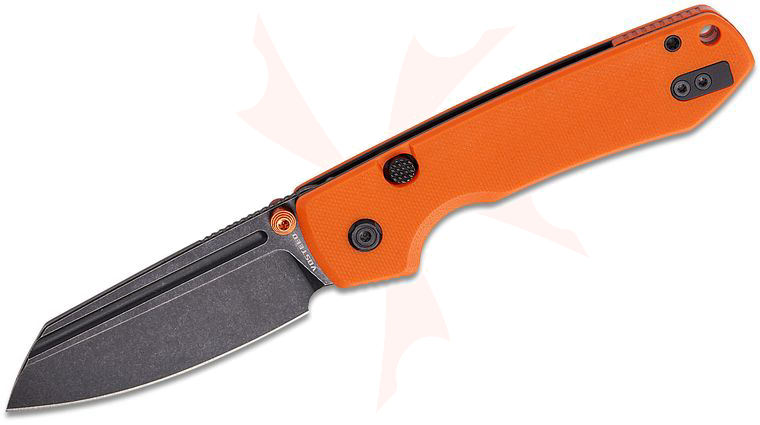 Vosteed Knives Raccoon Button Lock Folding Knife 3.25 inch Sandvik 14C28N Black Stonewashed Modified Sheepsfoot Blade, Orange G10 Handles