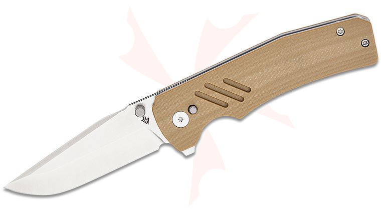 Dark Bolt Design Stratus BoltLock Flipper Knife 3.25 inch CPM-20CV Satin Drop Point Blade, Smooth Desert Tan G10 Handles