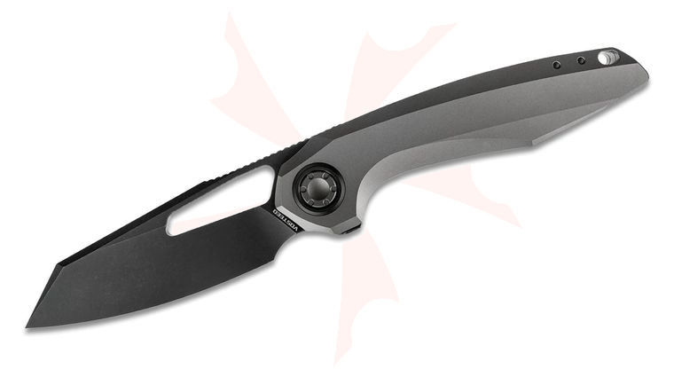 Vosteed Knives Yue Thunderbeast Vanchor Lock Flipper Knife 3.49 inch M390 Black Stonewashed Reverse Tanto Blade, Dim Gray Titanium Handles