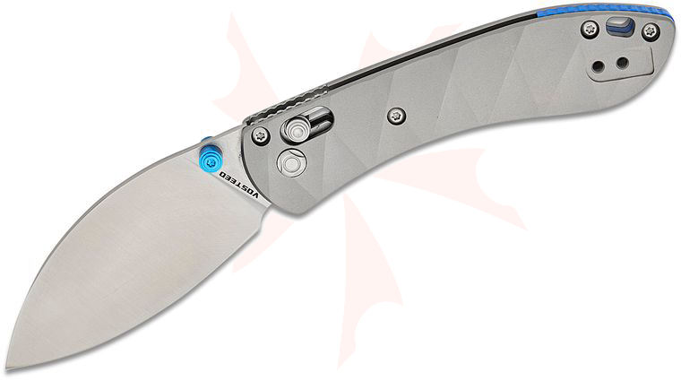 Vosteed Knives Mini Nightshade Folding Knife 2.6 inch S35VN Satin Kukri Blade, Milled Titanium Handles, Blue Accents