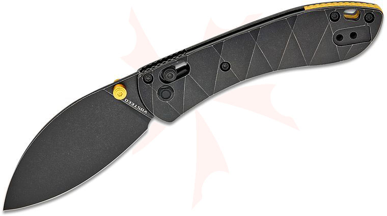Vosteed Knives Mini Nightshade Folding Knife 2.6 inch S35VN Black Stonewashed Kukri Blade, Milled Black Titanium Handles, Gold Accents