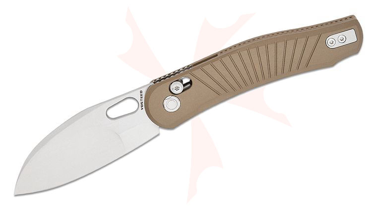 Vosteed Knives RS Knifeworks Morel Crossbar Lock Folding Knife 2.99 inch N690 Stonewashed Modified Sheepsfoot Blade, Brown Aluminum Handles