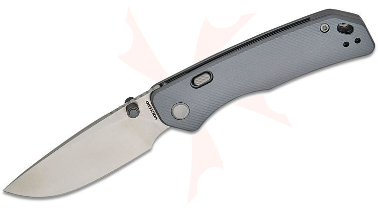 Vosteed Knives Marten Button Lock Folding Knife 2.98 inch 154CM Satin Drop Point Blade, Gray Aluminum Handles