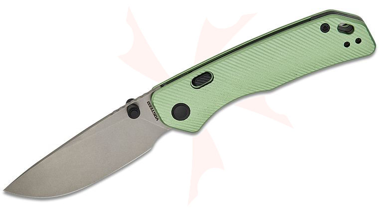 Vosteed Knives Marten Button Lock Folding Knife 2.98 inch 154CM Stonewashed Drop Point Blade, Green Aluminum Handles