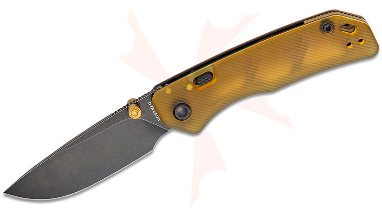 Vosteed Knives Marten Button Lock Folding Knife 2.98 inch 154CM Black Stonewashed Drop Point Blade, Amber PEI Ultem Handles
