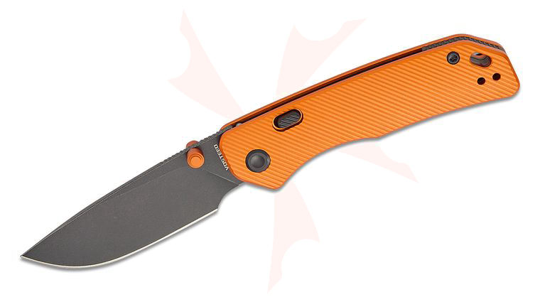 Vosteed Knives Marten Button Lock Folding Knife 2.98 inch 154CM Black Stonewashed Drop Point Blade, Orange Aluminum Handles