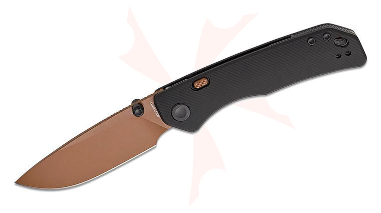 Vosteed Knives Marten 330 Button Lock Folding Knife 3.3 inch 154CM Copper Dune Drop Point Blade, Black Aluminum Handles