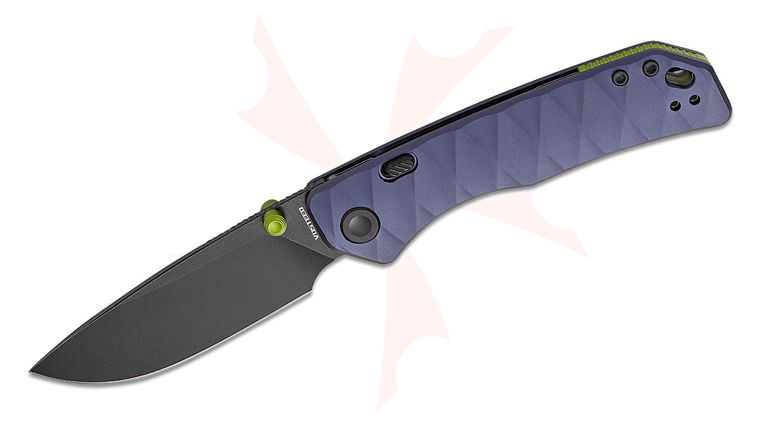 Vosteed Knives Marten 330 Button Lock Folding Knife 3.3 inch 154CM Black Stonewashed Drop Point Blade, Dark Slate Blue Aluminum Handles