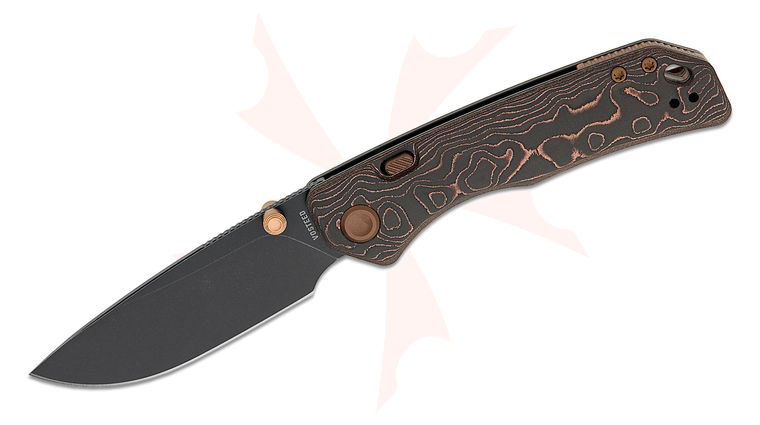 Vosteed Knives Marten 330 Button Lock Folding Knife 3.3 inch 154CM Black Stonewashed Drop Point Blade, Copper Carbon Fiber Handles