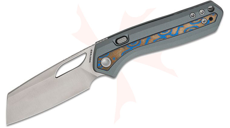 Vosteed Knives Kroc Top Liner Lock Folding Knife 2.99 inch S35VN Satin Reverse Tanto Blade, Gray Aluminum Handles with Ocean Micarta Inlays