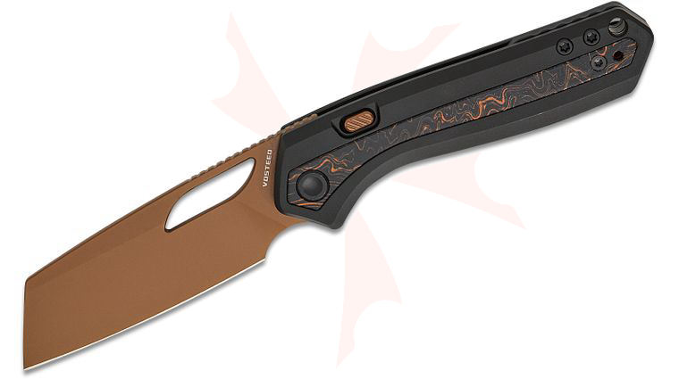 Vosteed Knives Kroc Top Liner Lock Folding Knife 2.99 inch S35VN Copper Dune Reverse Tanto Blade, Black Aluminum Handles with Topographic G10 Inlays