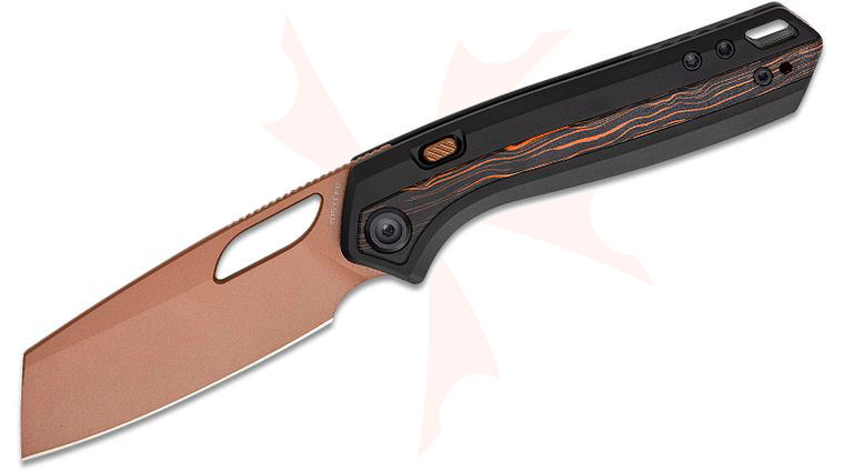 Vosteed Knives Kroc 329 Top Liner Lock Folding Knife 3.29 inch S35VN Copper Dune Reverse Tanto Blade, Black Aluminum Handles with Topographic G10 Inlays