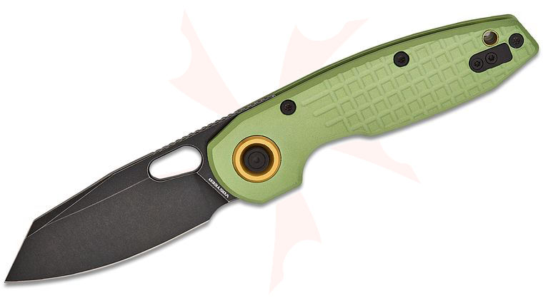 Vosteed Knives Ankylo Vanchor Lock Flipper Knife 3.18 inch 154CM Black Stonewashed Reverse Tanto Blade, Green Frag Aluminum Handles, Hard Case