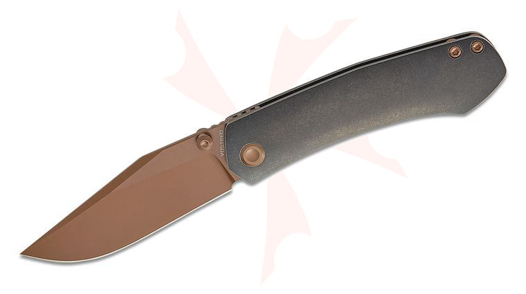 Vosteed Knives Ray Laconico Vallhund Front Flipper Knife 3.02 inch S35VN Copper Dune Clip Point Blade, Black Titanium Handles, Hard Case