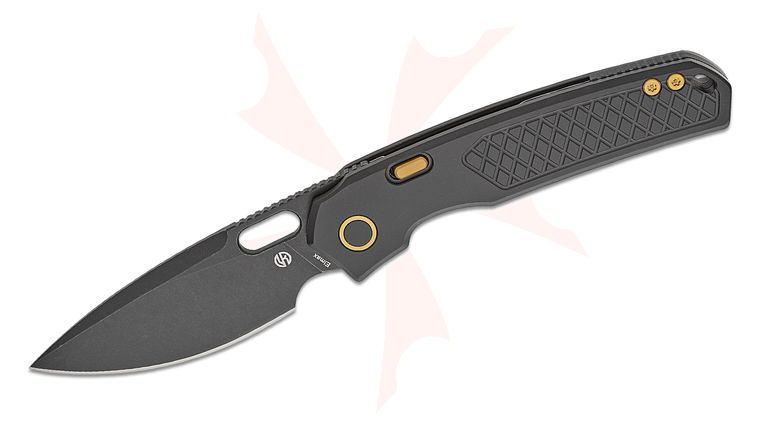 Vosteed Knives TuffKnives Psyop Top Liner Lock Front Flipper Knife 3.32 inch Elmax Black Stonewashed Drop Point Blade, Black Checkered Titanium Handles, Hard Case