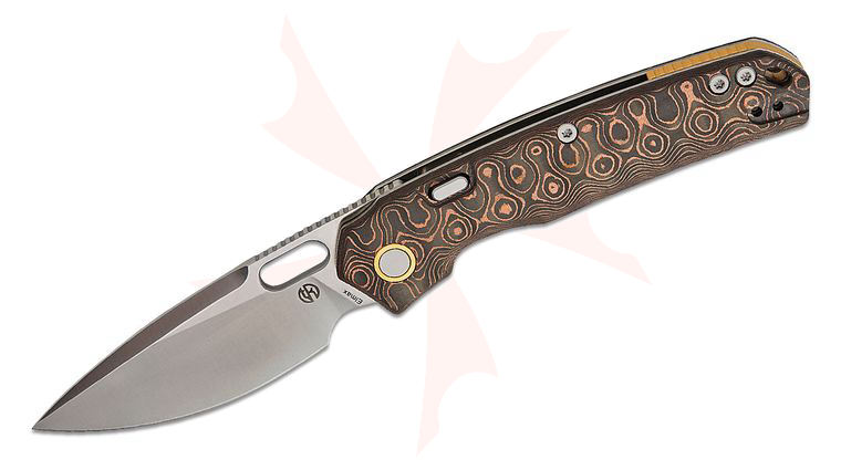 Vosteed Knives TuffKnives Psyop Top Liner Lock Front Flipper Knife 3.32 inch Elmax Satin Drop Point Blade, Uni-Copper Fat Carbon Handles, Hard Case