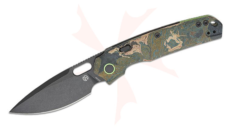 Vosteed Knives TuffKnives Psyop Top Liner Lock Front Flipper Knife 3.32 inch Elmax Black Stonewashed Drop Point Blade, Blue Current Canvas Micarta Handles