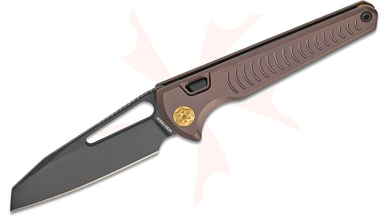 Vosteed Knives Gavko Leopard Top Liner Lock Folding Knife 3.38 inch M390 Black Stonewashed Reverse Tanto Blade, Reddish Purple Milled Titanium Handles, Hard Case