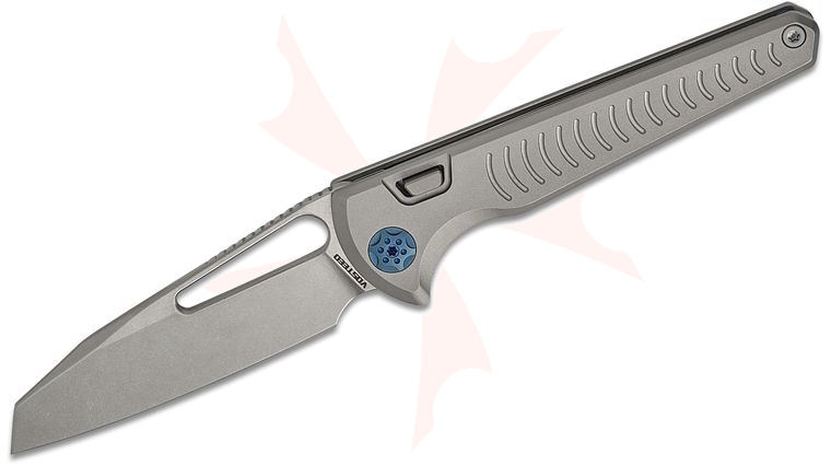 Vosteed Knives Gavko Leopard Top Liner Lock Folding Knife 3.38 inch M390 Stonewashed Reverse Tanto Blade, Gray Milled Titanium Handles, Hard Case