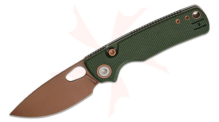 Vosteed Knives Yue Porcupine Top Liner Lock Folding Knife 2.99 inch 14C28N Copper Dune Drop Point Blade, Green Micarta Handles