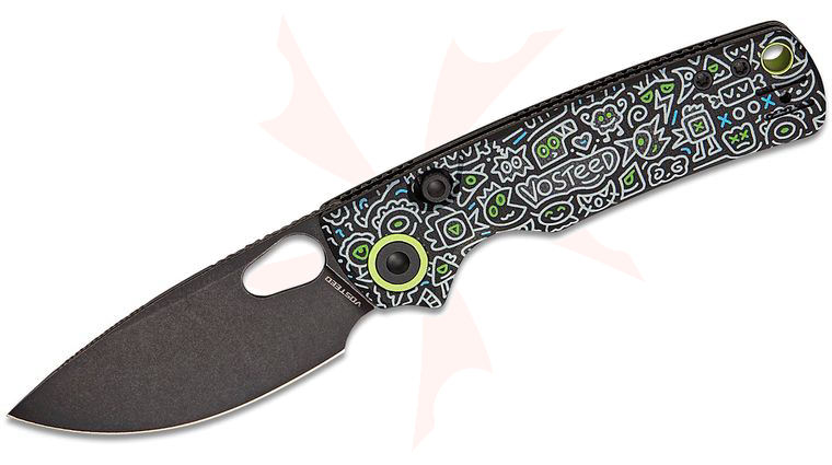 Vosteed Knives Yue Porcupine Top Liner Lock Folding Knife 2.99 inch 14C28N Black Stonewashed Drop Point Blade, Black Doodle G10 Handles
