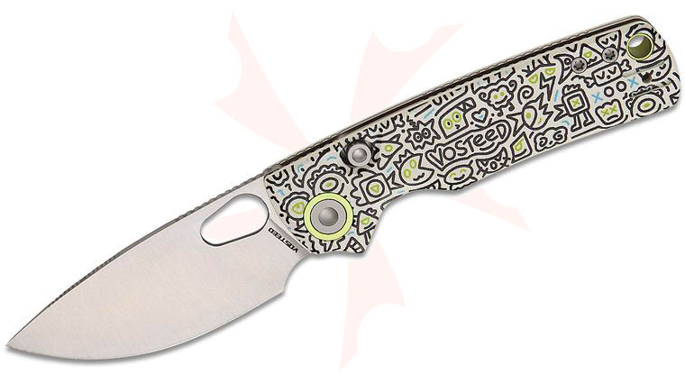 Vosteed Knives Yue Porcupine Top Liner Lock Folding Knife 2.99 inch 14C28N Satin Drop Point Blade, White Doodle G10 Handles
