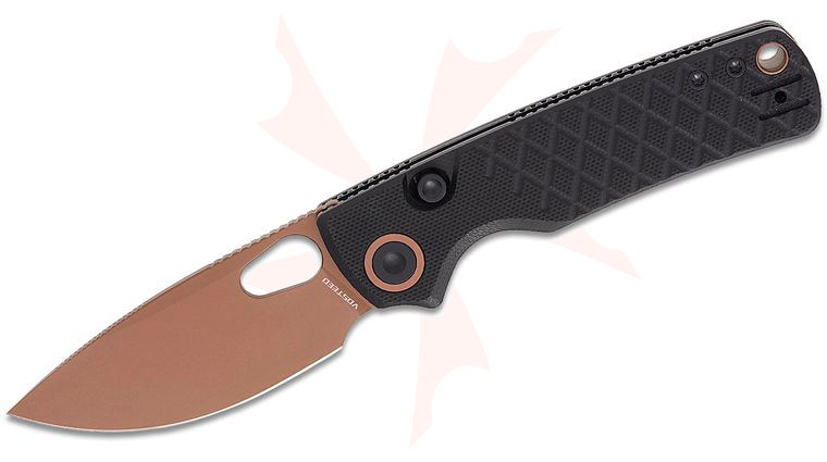 Vosteed Knives Yue Porcupine Top Liner Lock Folding Knife 2.99 inch 14C28N Copper Dune Drop Point Blade, Black G10 Handles