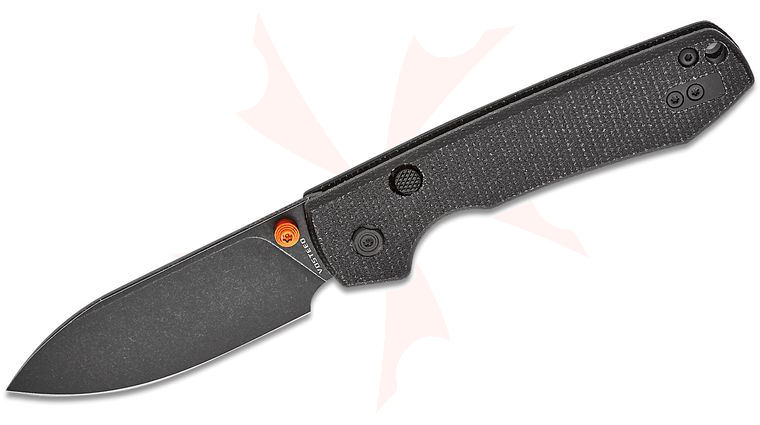 Vosteed Knives Raccoon Button Lock Folding Knife 3.25 inch Sandvik 14C28N Black Stonewashed Drop Point Blade, Black Micarta Handles