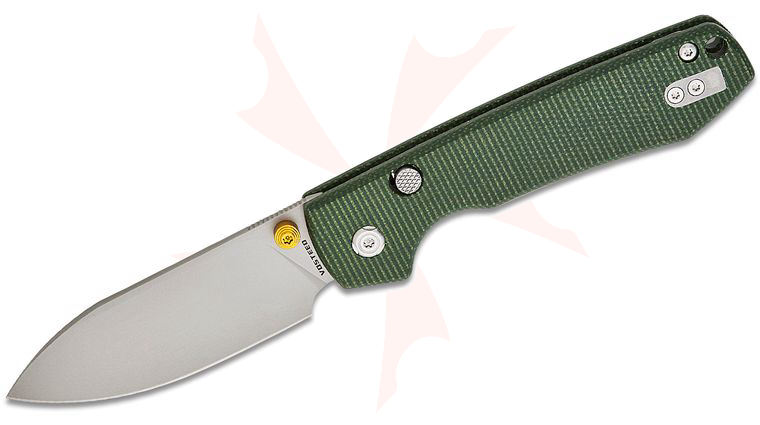 Vosteed Knives Raccoon Button Lock Folding Knife 3.25 inch Sandvik 14C28N Stonewashed Drop Point Blade, Green Micarta Handles