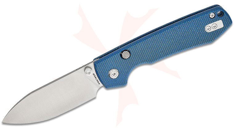 Vosteed Knives Raccoon Button Lock Folding Knife 3.25 inch Sandvik 14C28N Satin Drop Point Blade, Blue Micarta Handles