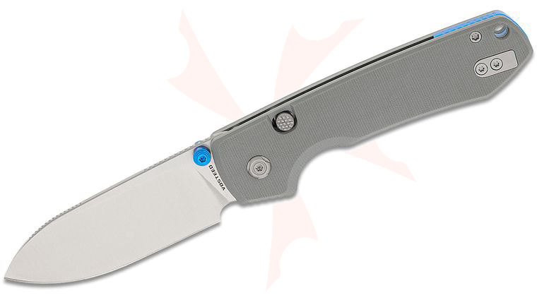 Vosteed Knives Raccoon Button Lock Folding Knife 3.25 inch Sandvik 14C28N Satin Drop Point Blade, Gray G10 Handles
