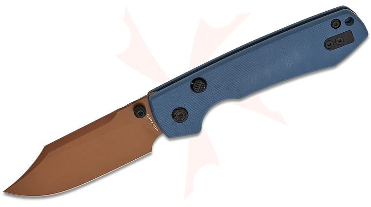 Vosteed Knives Raccoon Button Lock Folding Knife 3.25 inch Sandvik 14C28N Copper Dunes Bowie Blade, Dark Blue G10 Handles
