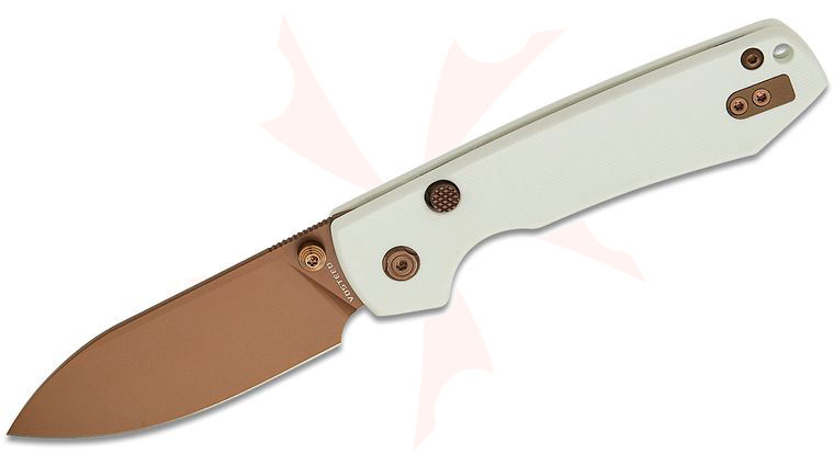 Vosteed Knives Raccoon Button Lock Folding Knife 3.25 inch Sandvik 14C28N Copper Dune Drop Point Blade, White G10 Handles