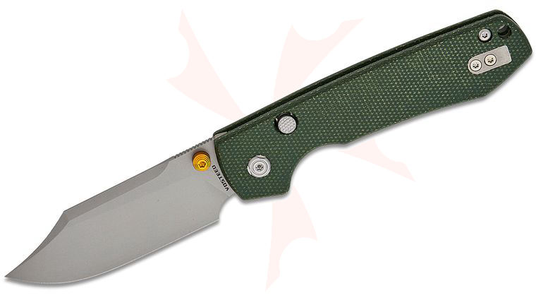 Vosteed Knives Raccoon Button Lock Folding Knife 3.25 inch Sandvik 14C28N Stonewashed Bowie Blade, Green Micarta Handles
